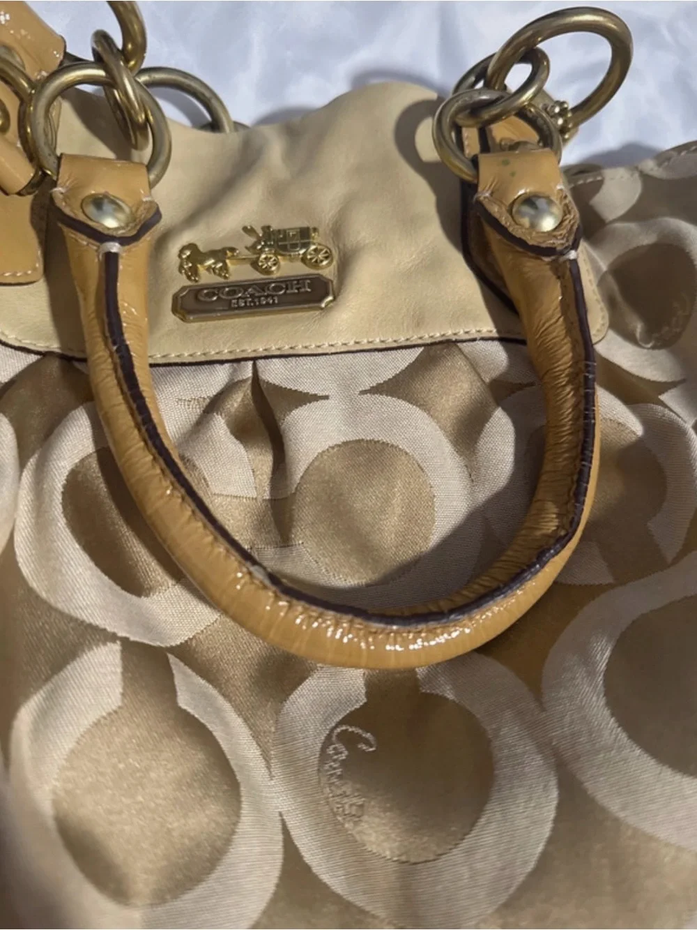 Coach Signature Circle Jacquard Tote in Beige and Tan Leather
